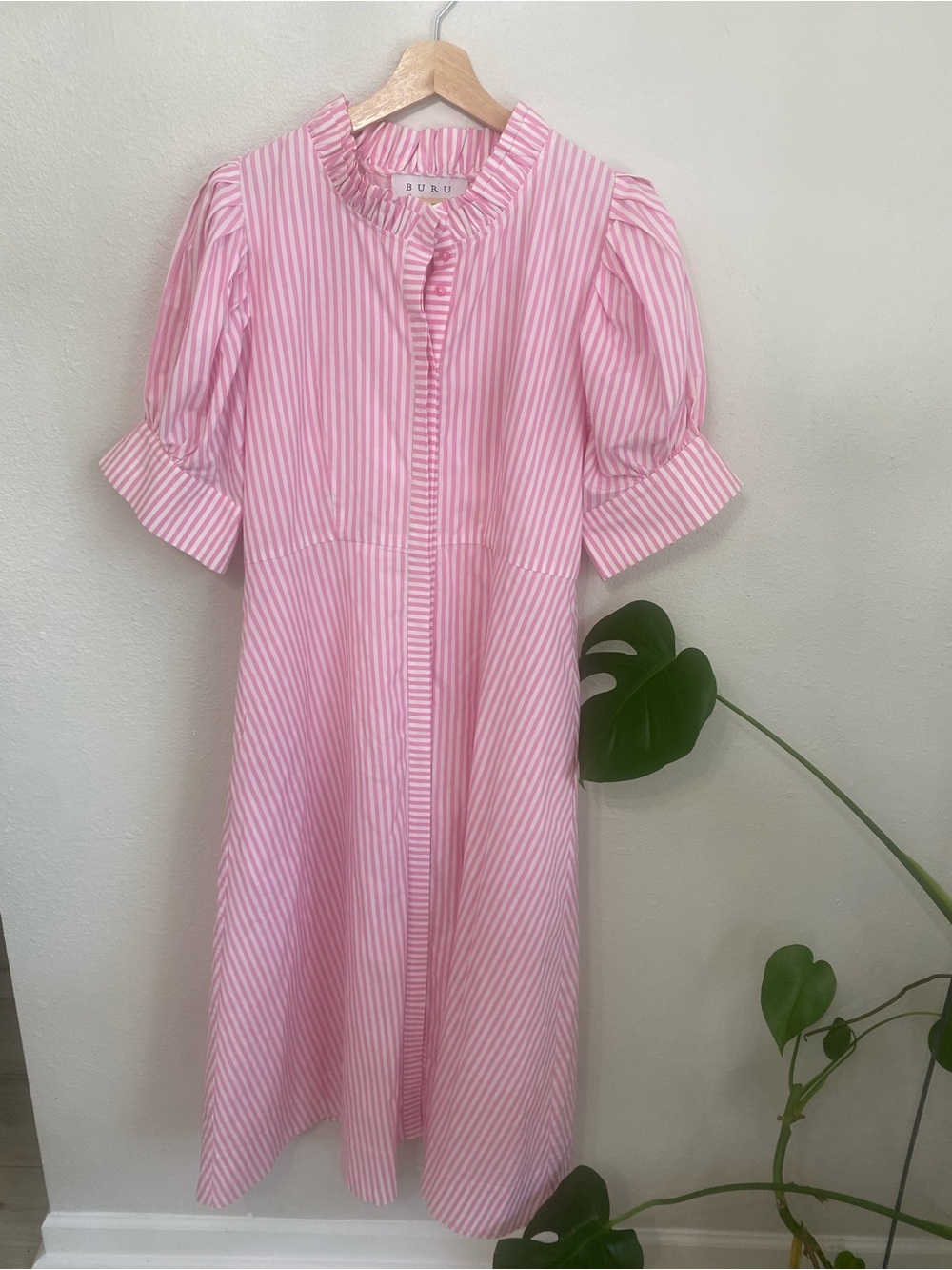 Buru Pink Striped Puff-Sleeve Midi Dress